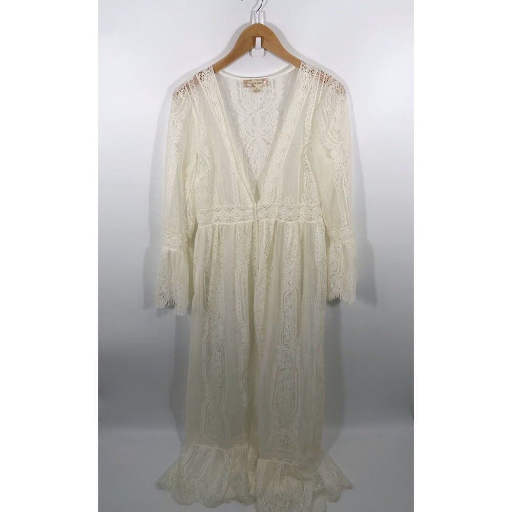 Band Of Gypsies Button Front Babydoll Kimono Womens M White Lace Boho Chic